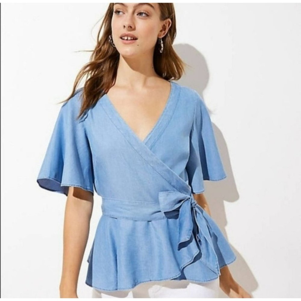 Loft Flutter Sleeve - Wrap Peplum Blouse, Large, Blue Chambray - NWT